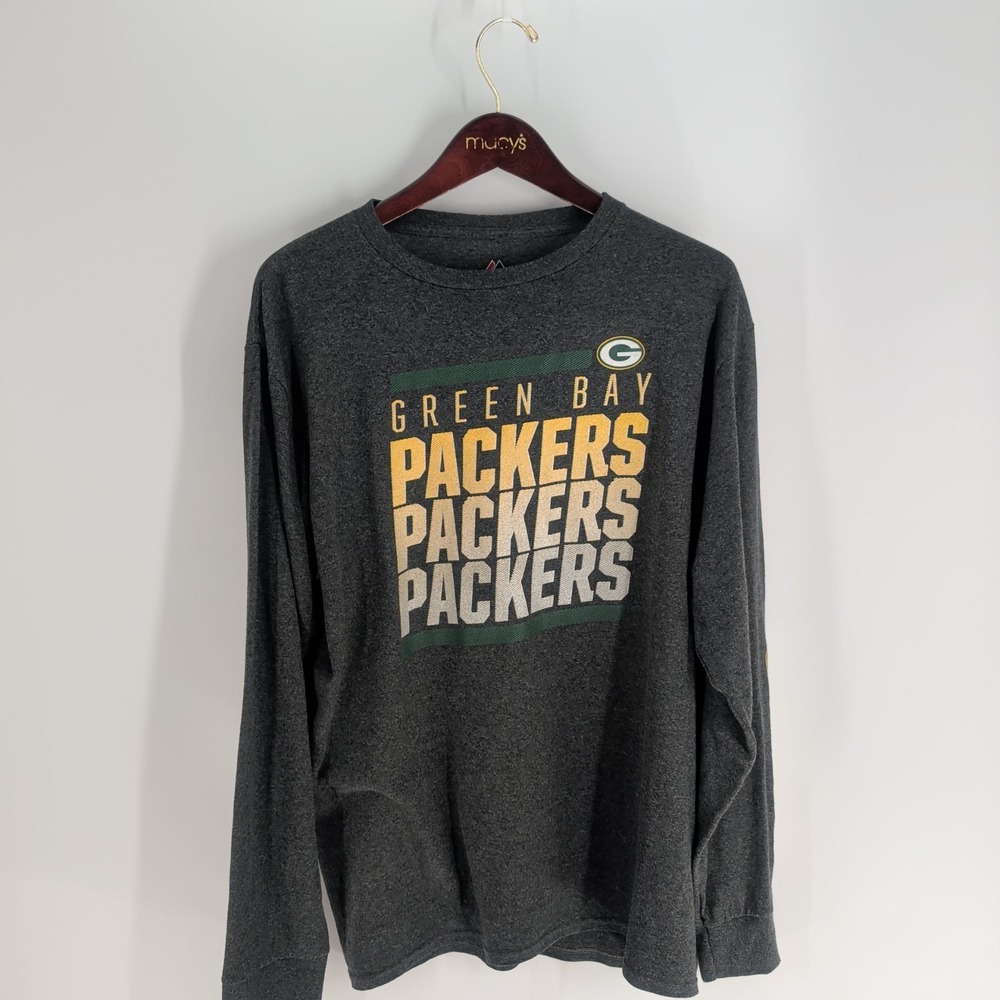 Green Bay Packers Majestic Spell Out Football Crew Neck Pullover T-Shirt Gray XL